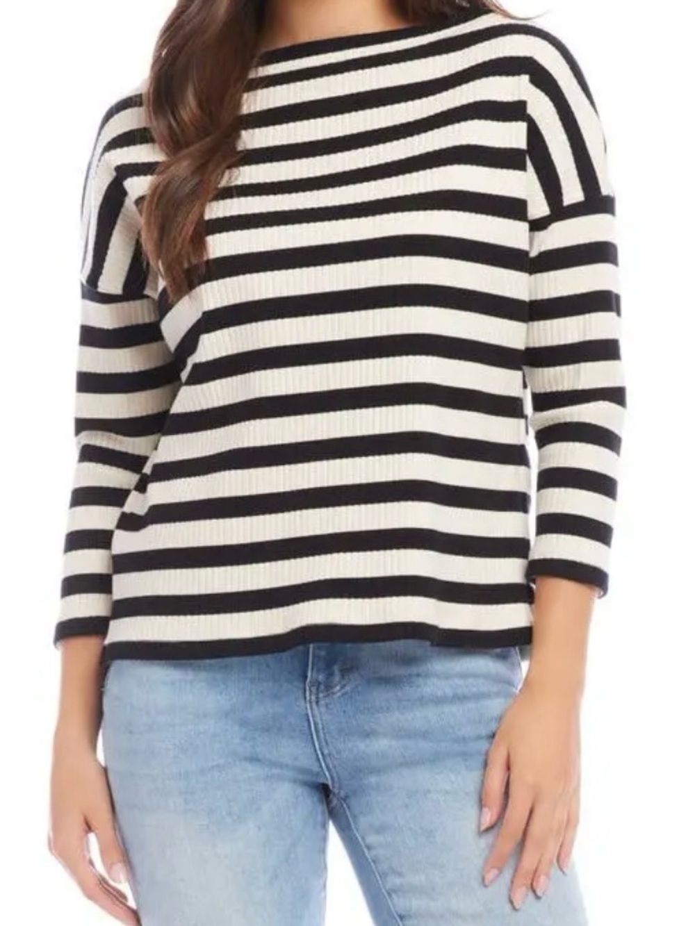 Karen Kane Sheridan Stripe 3/4 Sleeve Boatneck Rib Top in Black & Cream, XL - Picture 12 of 12